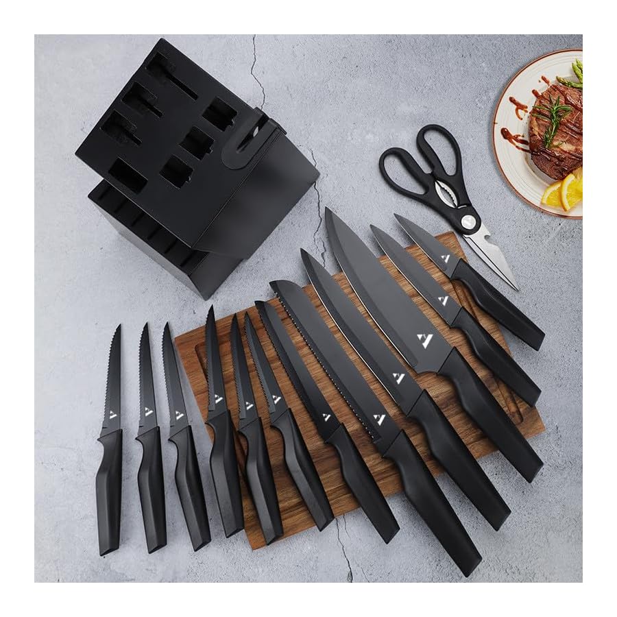 15-Piece-Professional-Chef-Knife-Set-With-Wooden-Block-and-Inbuilt-Sharpener-Non-Stick-Coating-High-Carbon-Stainless-Steel-V-Shaped-Cutting-Edge-with-Ergonomic-Design Affox 15-Piece Professional Chef Knife Set With Wooden Block and Inbuilt Sharpener, Non-Stick Coating, High Carbon Stainless Steel, V-Shaped Cutting Edge with Ergonomic Design