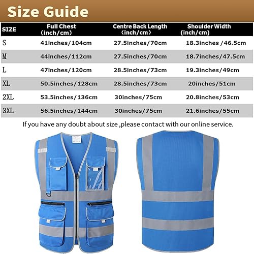 Miniatura 4 de Chaleco de seguridad azul con 9 bolsillos múltiples reflectantes, con bolsillos y cremalleras, chaleco de trabajo reflectante para hombres