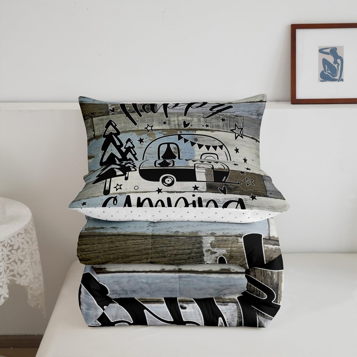 Kids Camping Comforter Set - Twin Size, 7-Piece Bed In A Bag, Rustic Farmhouse RV Decor