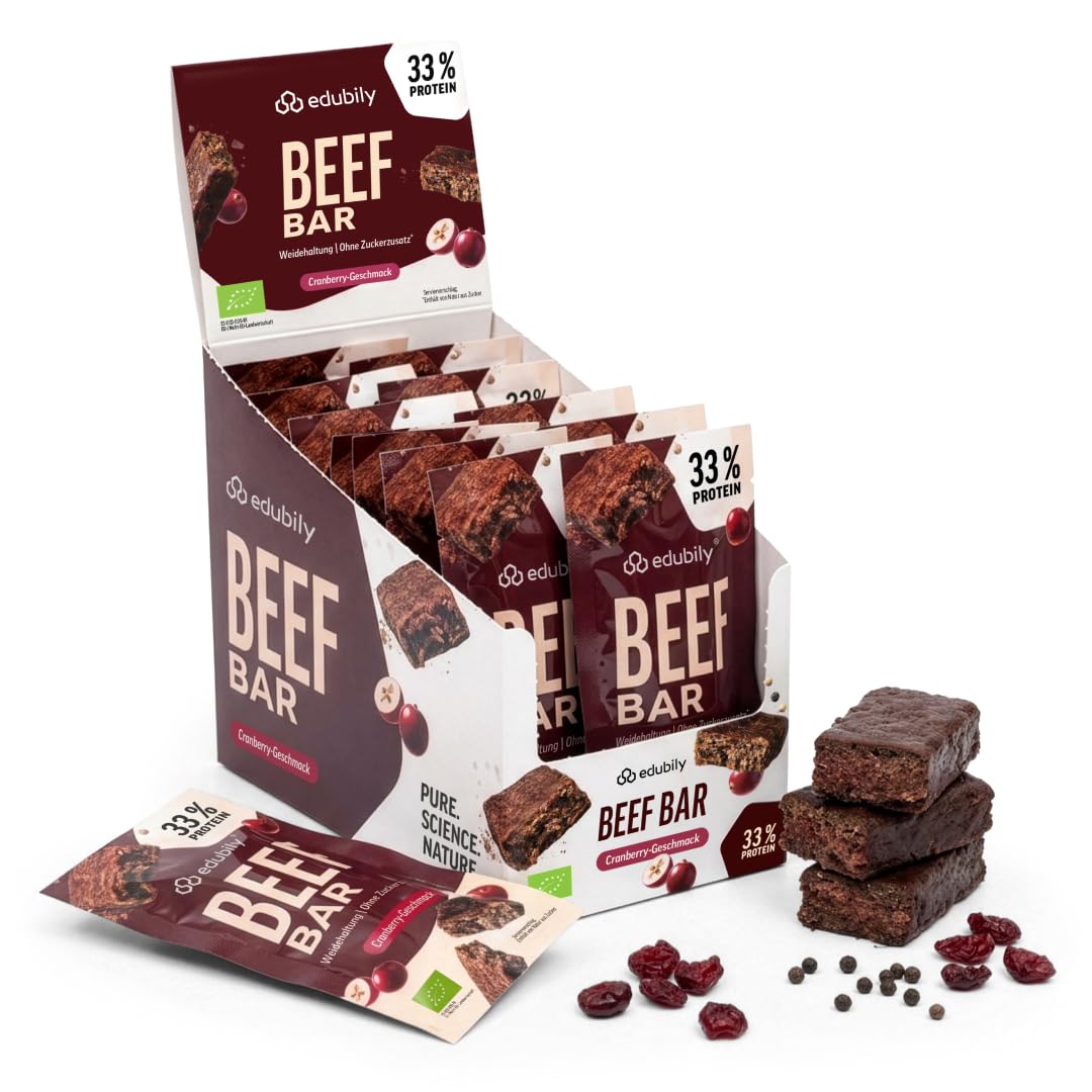 edubily® Beef Bar Cranberry - Protein Riegel als herzhafter Snack für unterwegs - mit 32% Protein aus Bio-Rindfleisch, Cranberries & Rote Bete - low carb (12x35 g, glutenfrei, Bio)