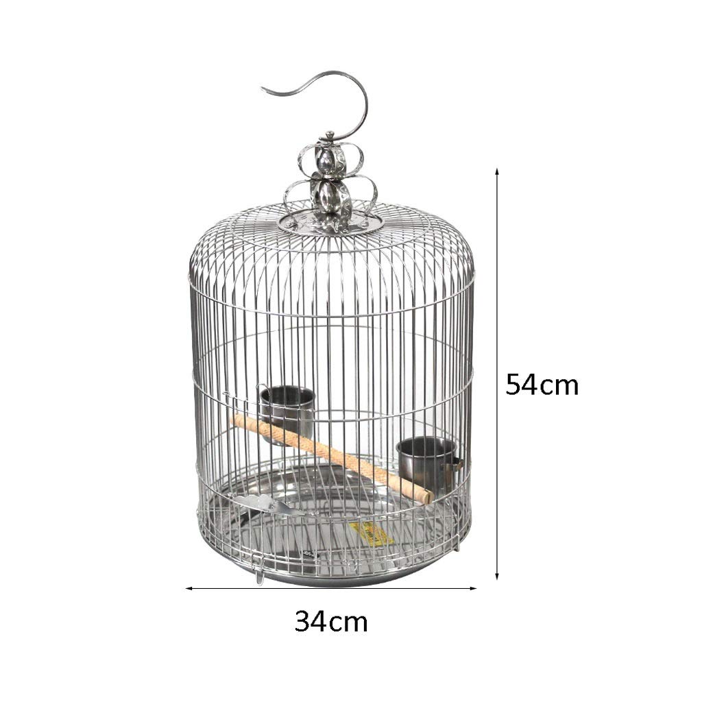 Gabbia per uccelli rotonda in acciaio inox per pappagallini, fringuelli, canarini, da appendere, gabbia per animali domestici (34 cm)