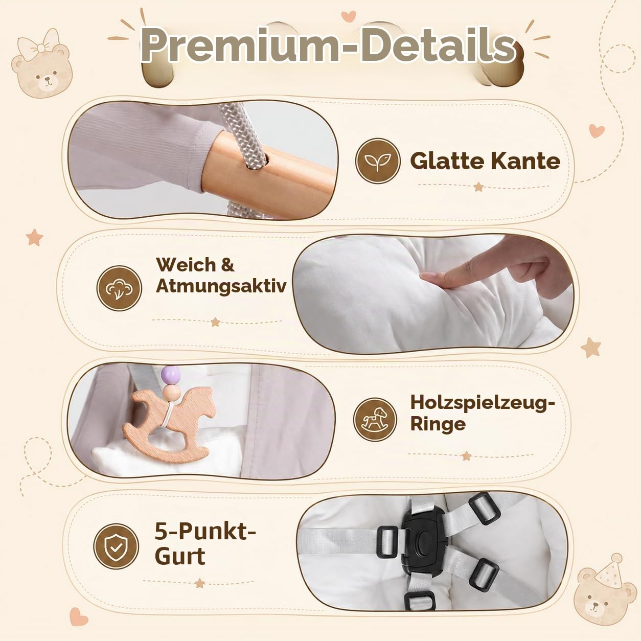 Babyschaukel Indoor 3 in 1,Hängeschaukelsitz aus Holz mit Sicherheitsgurt und Baumwollkissen, Einstellbar Baby Hängematte Schaukel, Kinderschaukel für Outdoor, Liegestuhl für Kinder, 6–36 Monate