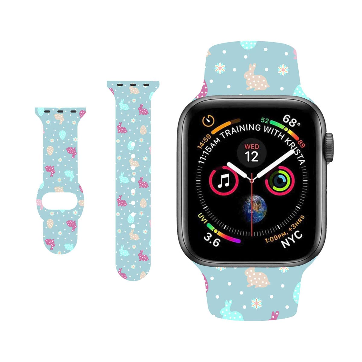 BONICI Smart Watch Band for Apple Watch 38mm 40mm 41mm 42mm 44mm 45mm, Beautiful Elegant Easter Theme Rabbit Bunny Leaves Soft Silicone Rubber Replacement Bands for Apple Watch 7/6/SE/5/4/3/2/1 iWatch