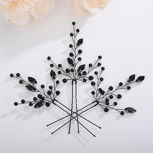 Juego de 3 horquillas de pelo de perlas de cristal, perlas negras, para novia, boda, accesorios para el cabello, hechos a mano, piezas de pelo de
