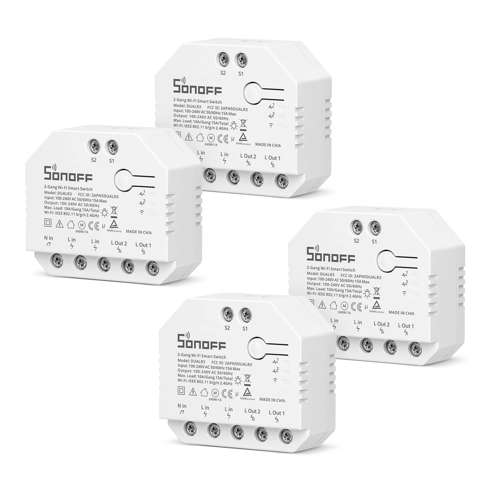 SONOFF Smart Wlan Schalter Garagentor SONOFF DUALR3 (4Pcs), 2Wege 2Gang Schalter, mit Messfunktion, 3 Arbeitsmodi, Fernbedienung Licht, Fensterläden, Rollläden ; Alexa/Google Home/Siri Supported