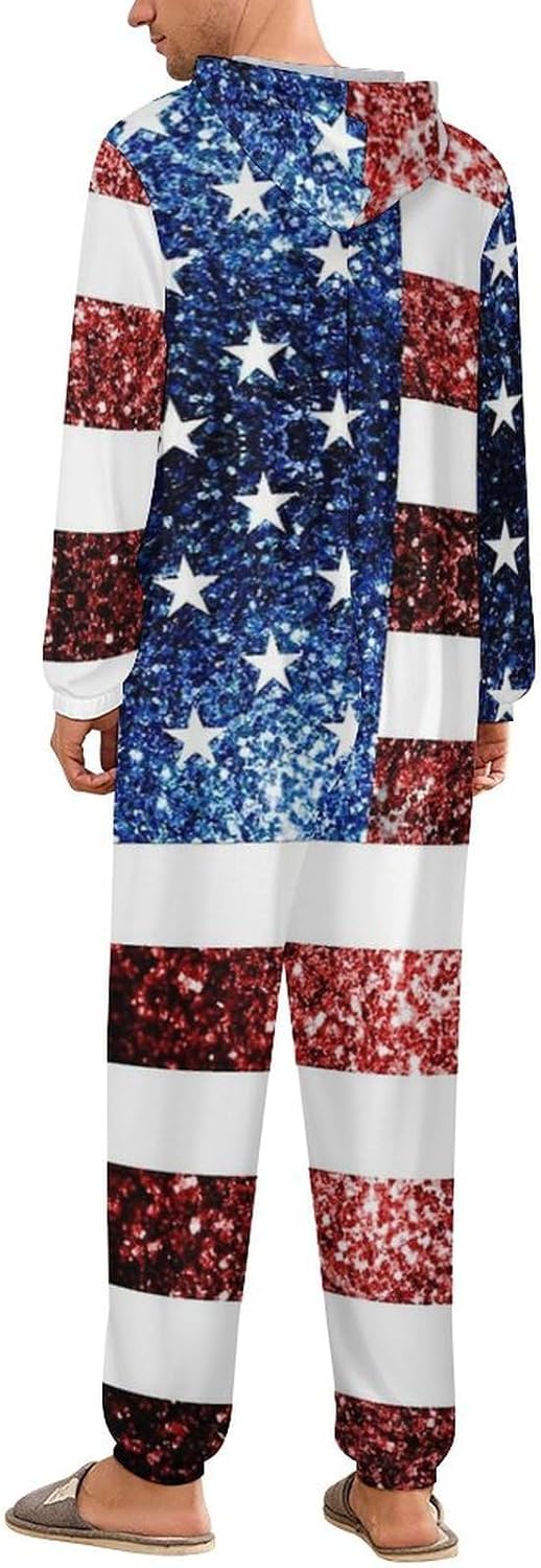 U.S.A. Flag Red Blue Sparkles Glitters Adult Pajamas Onesie with Hood Pocket Jumpsuits One Piece Sleepwear