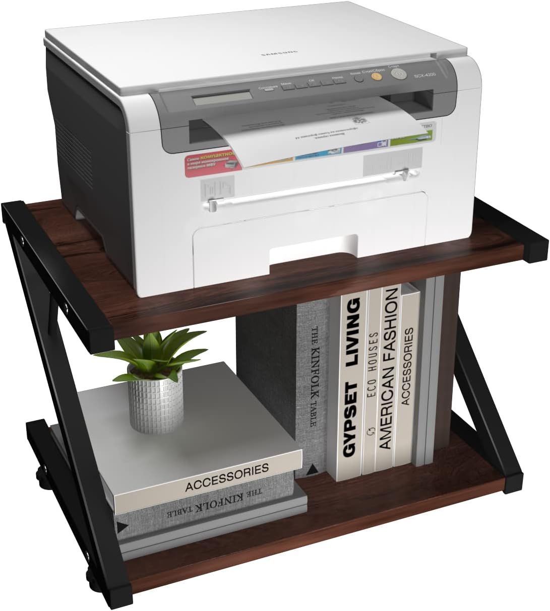 HUAWIND Desktop Printer Stand with 2 Tiers Wood Desk Organizer, Home Desktop Printer Shelf with Anti-Skid Pads for Fax Scanner Office, Home Printer Stand Desk with Metal Frame & Wood, Rustic Brown