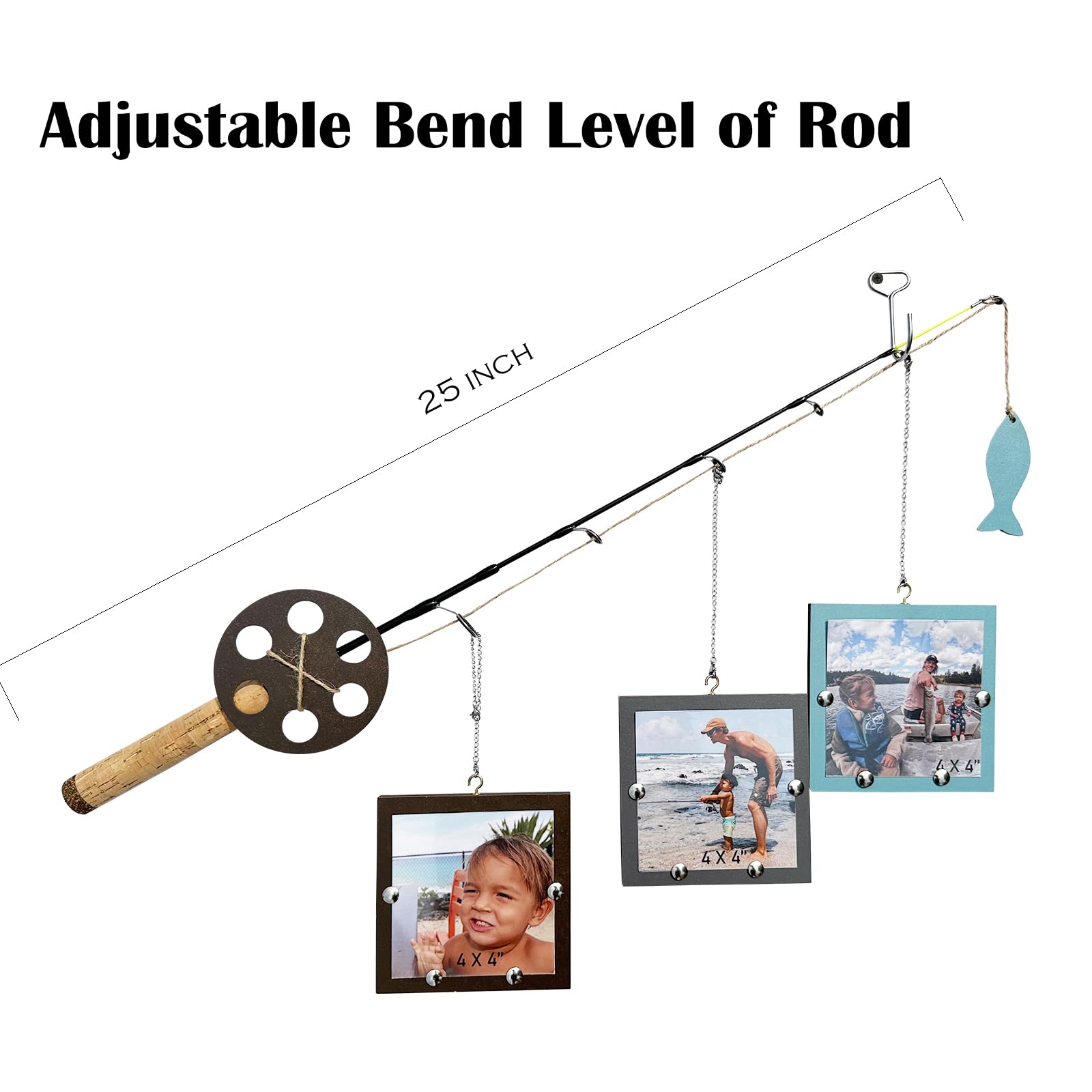 Amazon.com - AZEZO Wood Fishing Pole Picture Frame - Three 4''x4'' Frames,  Real Fishing Rod Design, Adjustable Hanging - Fishing Decor for Lake House,  Cabin, Farmhouse Wall, Boy's Room, Fishing Lovers, Fisherman
