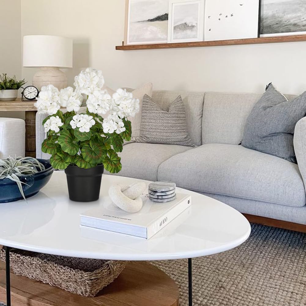 Briful Artificial Geranium Potted Plant – 16” Tall, Realistic Silk Flowers with Vibrant Green Leaves, White Geraniums Fake Flowers for Outdoors Home Décor, Wedding Farmhouse Office Tables Decor - Image 3