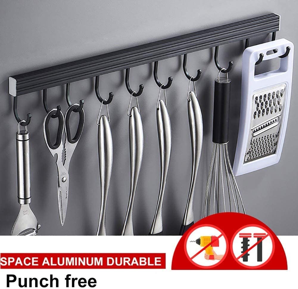 Adhesivo 16 Gancho Barra Soportes y Organizadores para Utensilios de Cocina, Autoadhesivo,Aluminio,negro,80CM