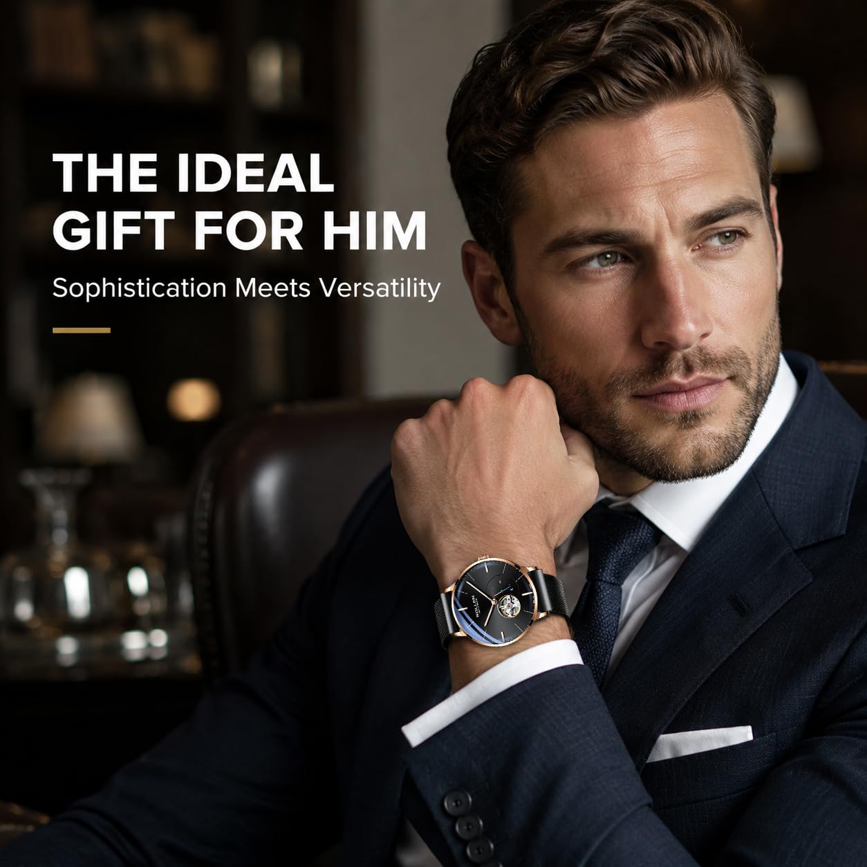SOLLEN Relojes automáticos de esqueleto para hombre, relojes mecánicos minimalistas negros con manecillas luminosas y segunda subesfera, acero inoxidable, impermeable, elegante, de lujo, para uso