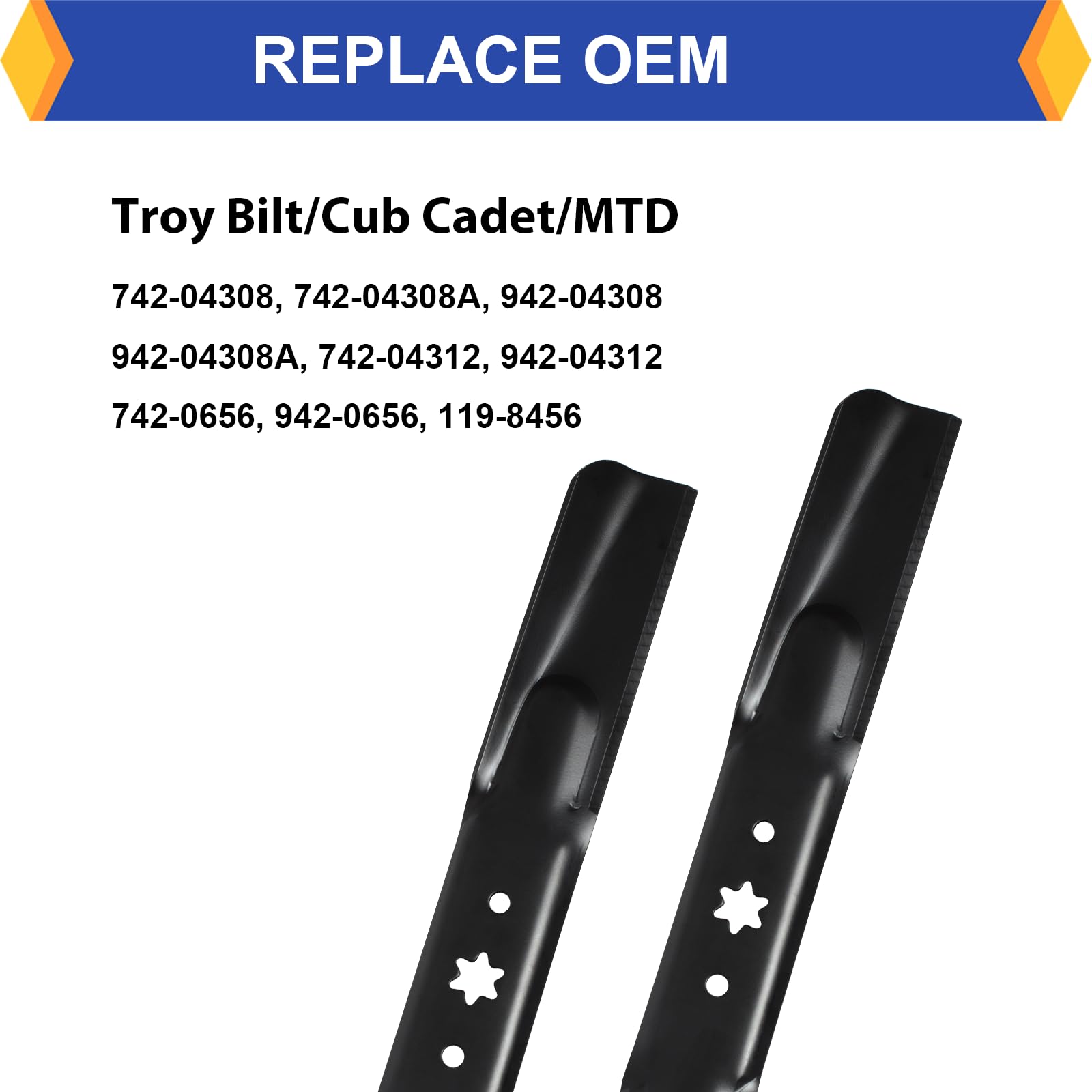 Juego de 2 cuchillas de repuesto para cortacésped Troy Bilt/Cub Cadet/MTD 742-04308, 942-04308, 942-04308A, 742-04312, 942-04312, 119-8456, compatibles con Craftsman LT1000, LT20 00 0, LT30