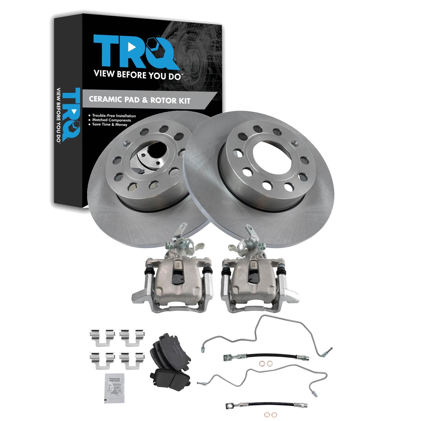 TRQ Rear Brake Pad and Rotor Set Ceramic 260mm Rotors Calipers Hoses Compatible with 2005 Volkswagen Jetta