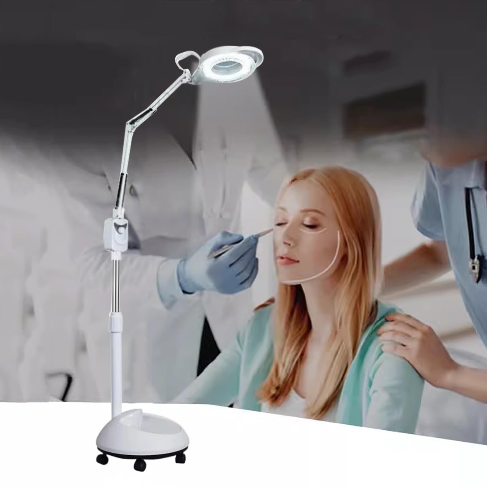 Mobilna Lampa Medyczna LED Bezcieniowa Lampa do Badań Medycznych, Regulowana Wysokość i Jasność, Funkcja Powiększenia 8X, do Szpitali, Oddziałów Dermatologicznych, Salonów Kosmetycznych Itp