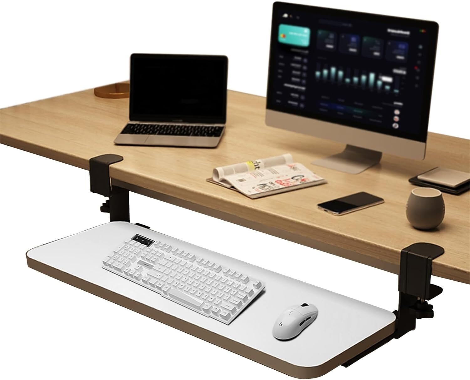 CVJdfhRE desk extender， Clamp-On Desk Extension, Pull-out Keyboard Mouses Storage Drawers Holder, Support Arm, Relieve Fatigue(White,52 * 24cm(20.5 * 9.5in))