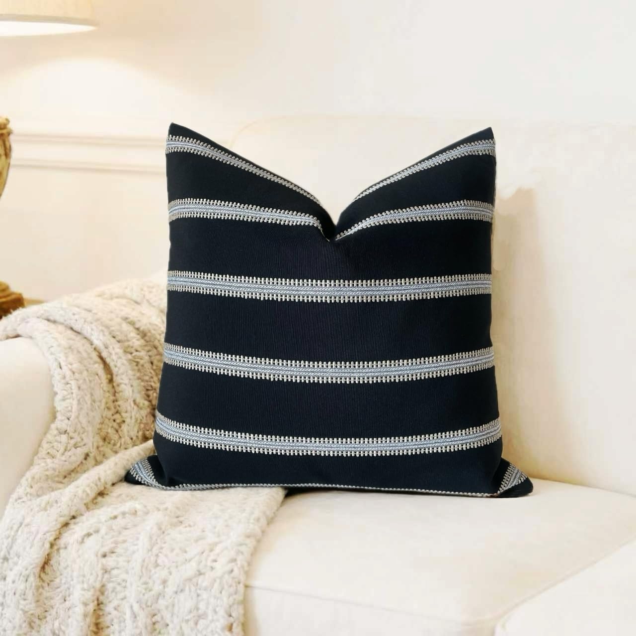 Slow Cow Decorative Textured Woven Stripe Throw Pillow Cover Modern Country Design Cushion Cover Pillow Cover 18 x18 Inches Black Mixed Off White