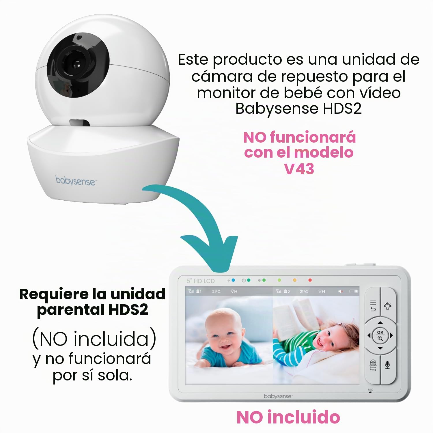 Babysense Cámara Adicional para Monitor de Bebé HDS2, Zoom, Audio Bidireccional, Visión Nocturna, Luz Nocturna, Canciones de Cuna y Monitoreo de Temperatura