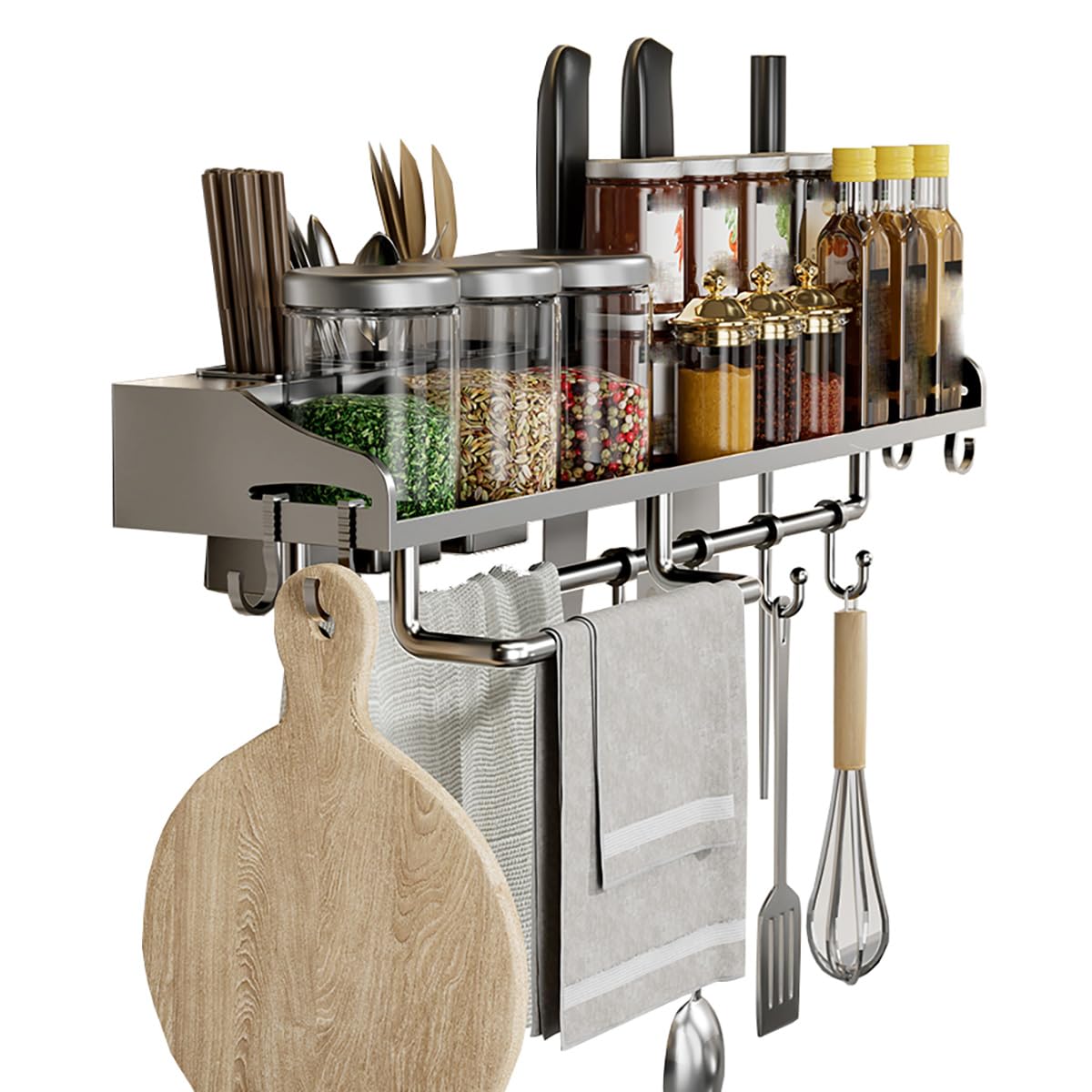 MYUYEE Hanging Spice Organizer Rack Wall Mount, Over Stove Spice Organizer Shelf, Tableware Shelf, Hanging Storage Wall Shelf For Kitchen Utensil,Black,60Cm(Grey-40Cm)