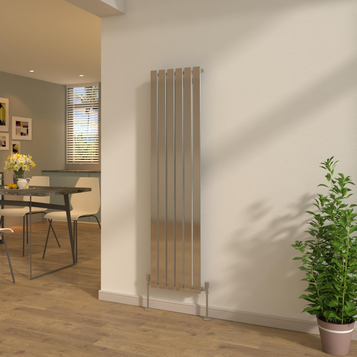 NRG Vertical Designer 1600x408mm Flat Panel Single Column Radiator Tall Upright Central Heating Chrome + Free Angled Valves