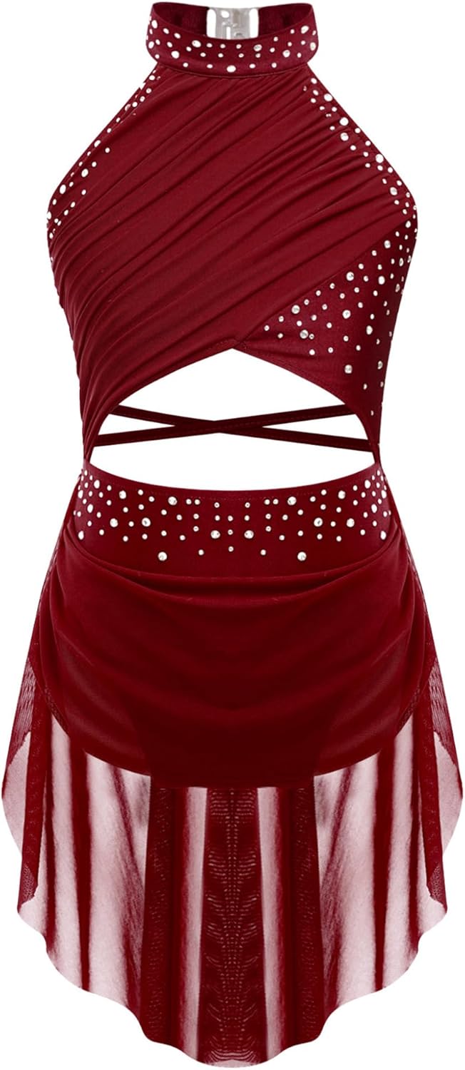 Freebily Abito da Pattinaggio Artistico Donna con Strass Leotards
