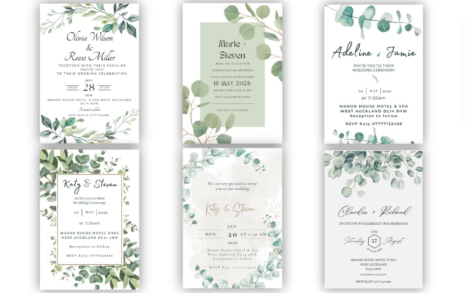 Personalised Wedding Invitations - Botanical Flowers Sage Green, Delicate Eucalyptus Design, Rustic, With Envelopes (20-5" x 7")