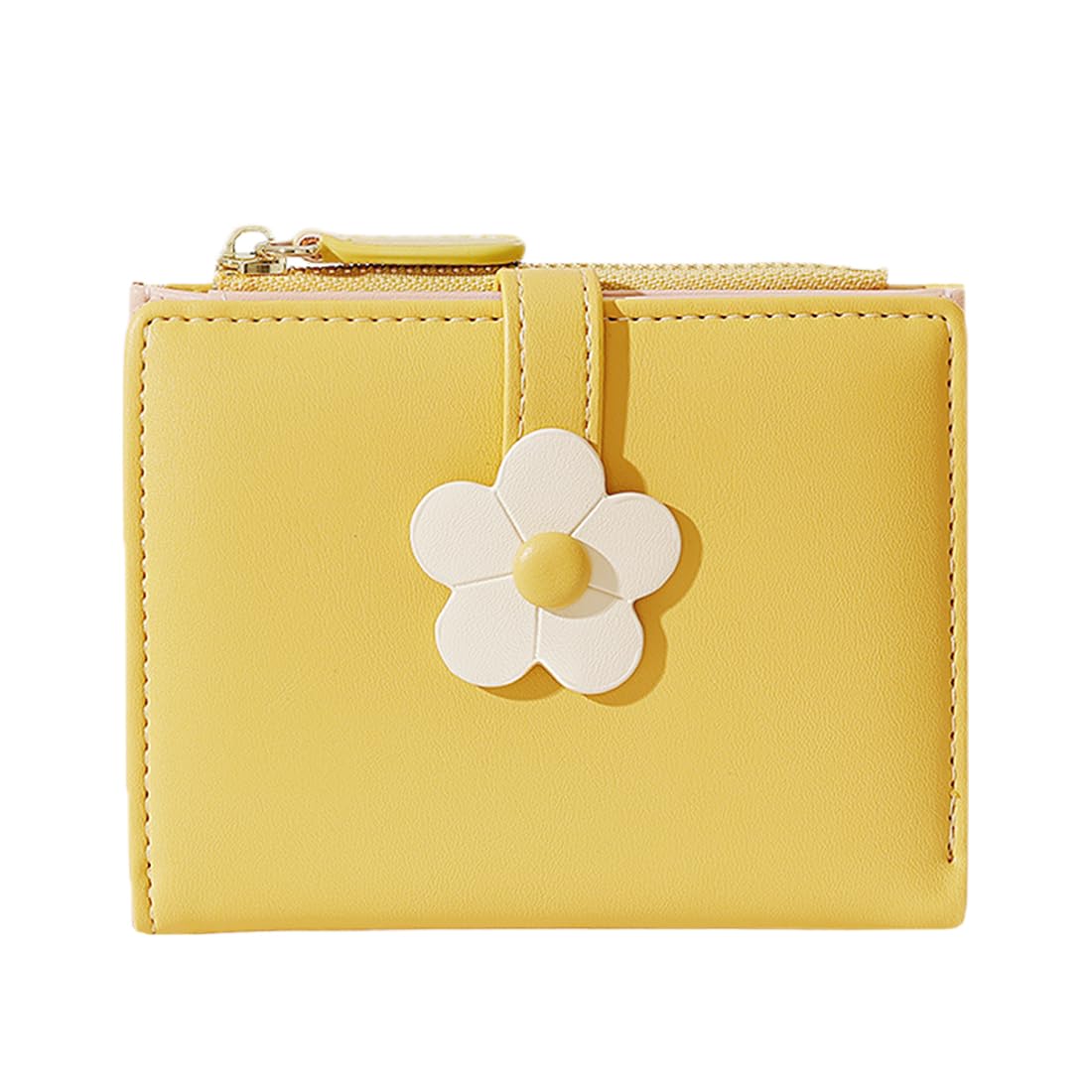 Sunwel FashionSmall Cute Trifold Wallet Slim Wallet ID/Photo Window Card Holder with 3D Flower Pattern Buckle for Women Girls (ZYELLOW)