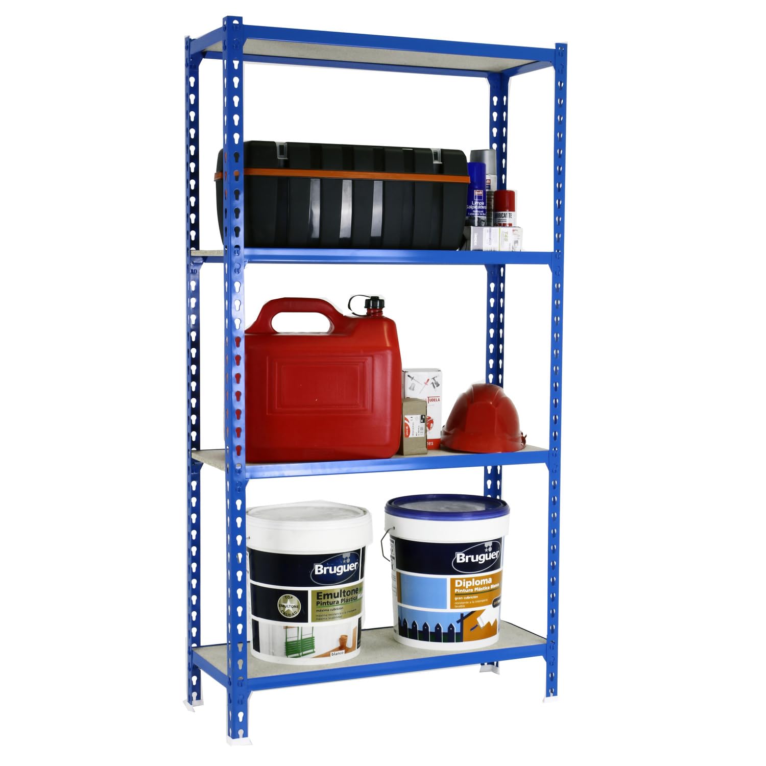 SimonRack Estanteria Metalica, 4 Baldas Madera Ajustables, 200 kg de Punto Flexión, 1500x1100x300 mm, Estantería Almacenaje, Sin tornillos, Azul/Madera - Maderclick | 4 Alturas, Bandeja Madera, 200 kg de Punto Flexión, Azul , Pintura anticorrosión, Montaj