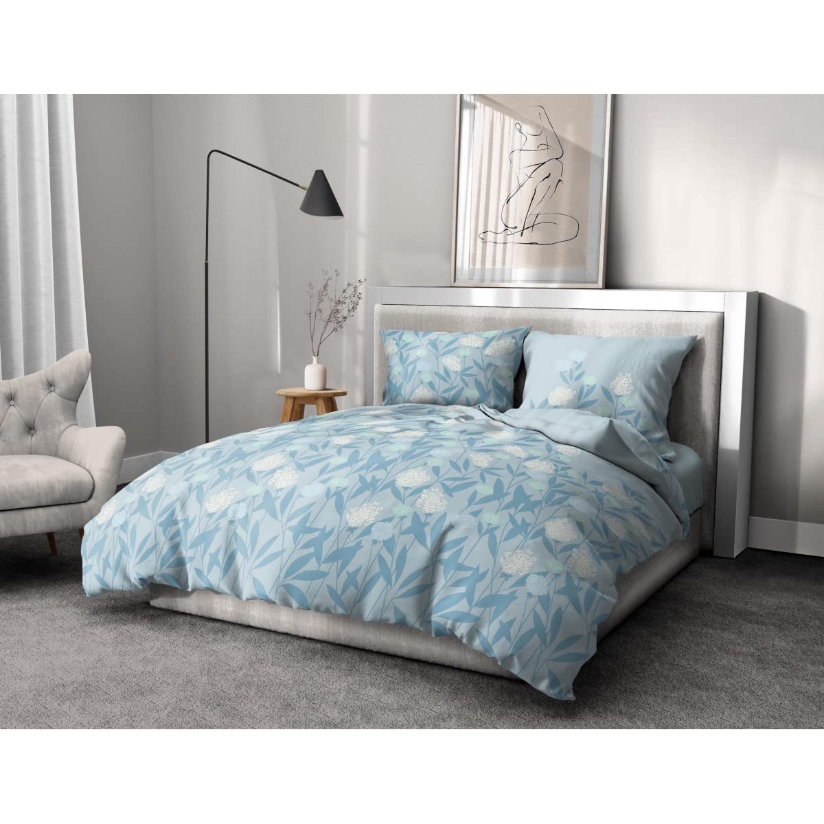 Parure de couette HOME LINGE PASSION Tempete Florale - 3 Pcs - 240 x 260 - 100% Coton 57 Fils - Bleu