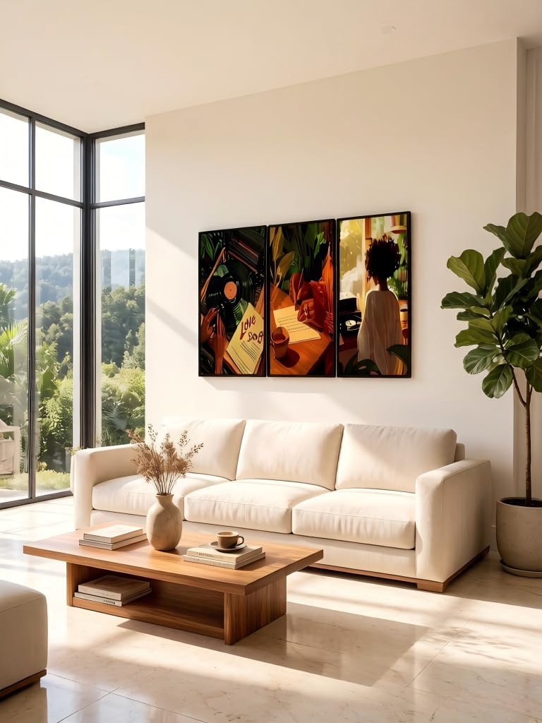 RYZopmuy Black Framed Set of 3 Fashion Black Girl Wall Decor Music Vinyl Record Wall Art African American Women Music Poster Black Woman Art Poster for Bedroom Living Room 12x16 inch