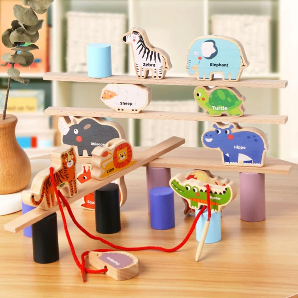 Juguete Montessori 2 en 1 de Madera para Apilar y Equilibrar Animales | Enhebrar cuentas apilar bloques, juego equilibrio animales bosque, juguete educativo habilidades motrices finas