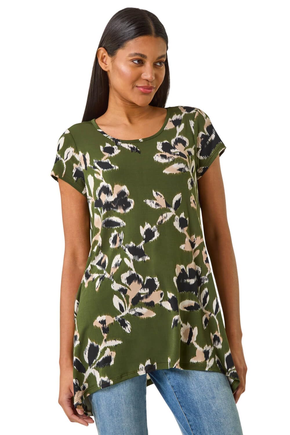 Roman Women's Khaki Leaf Print Hanky Hem Tunic Top Size 12