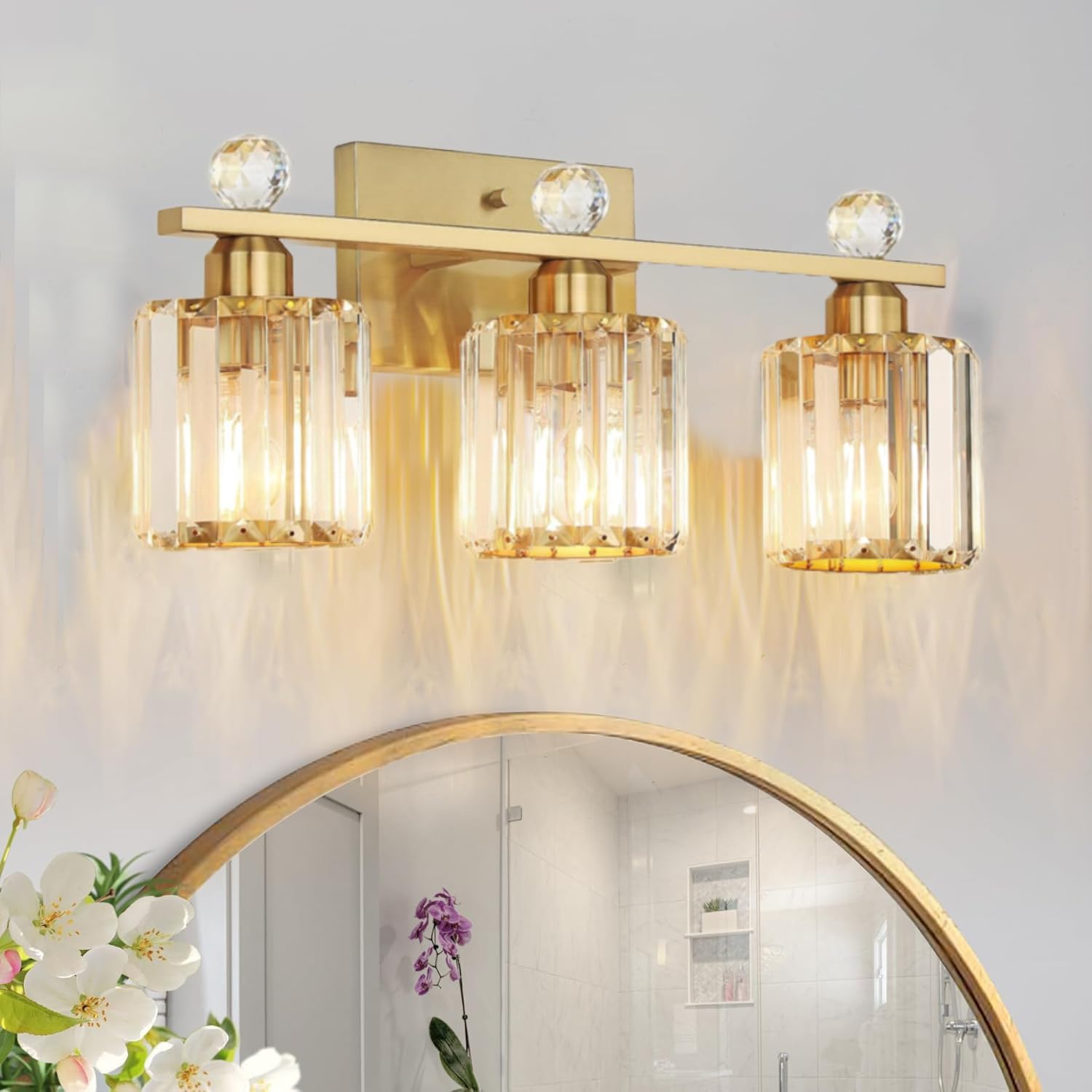 XINYASEE Applique murale de salle de bain moderne à 3 lumières en cristal doré, finition laiton, luminaire de luxe pour salle de bain, dressing et chambre(Or)