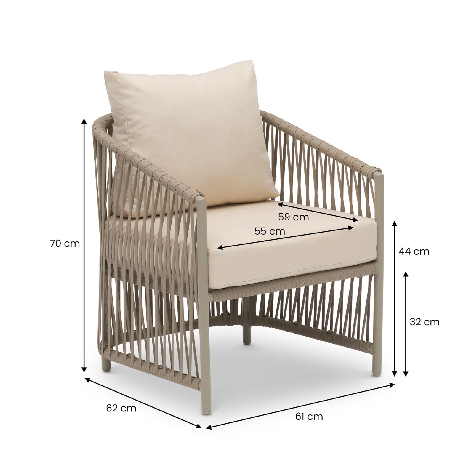 IDIMEX Outdoor Sofa Set KULO 4-teilig, Champagne – Lounge-Set aus Aluminium mit Rope-Bespannung, Couchtisch mit Glasplatte, inklusive 5 bequemer Kissen, wetterfest für Balkon Terrasse Garten