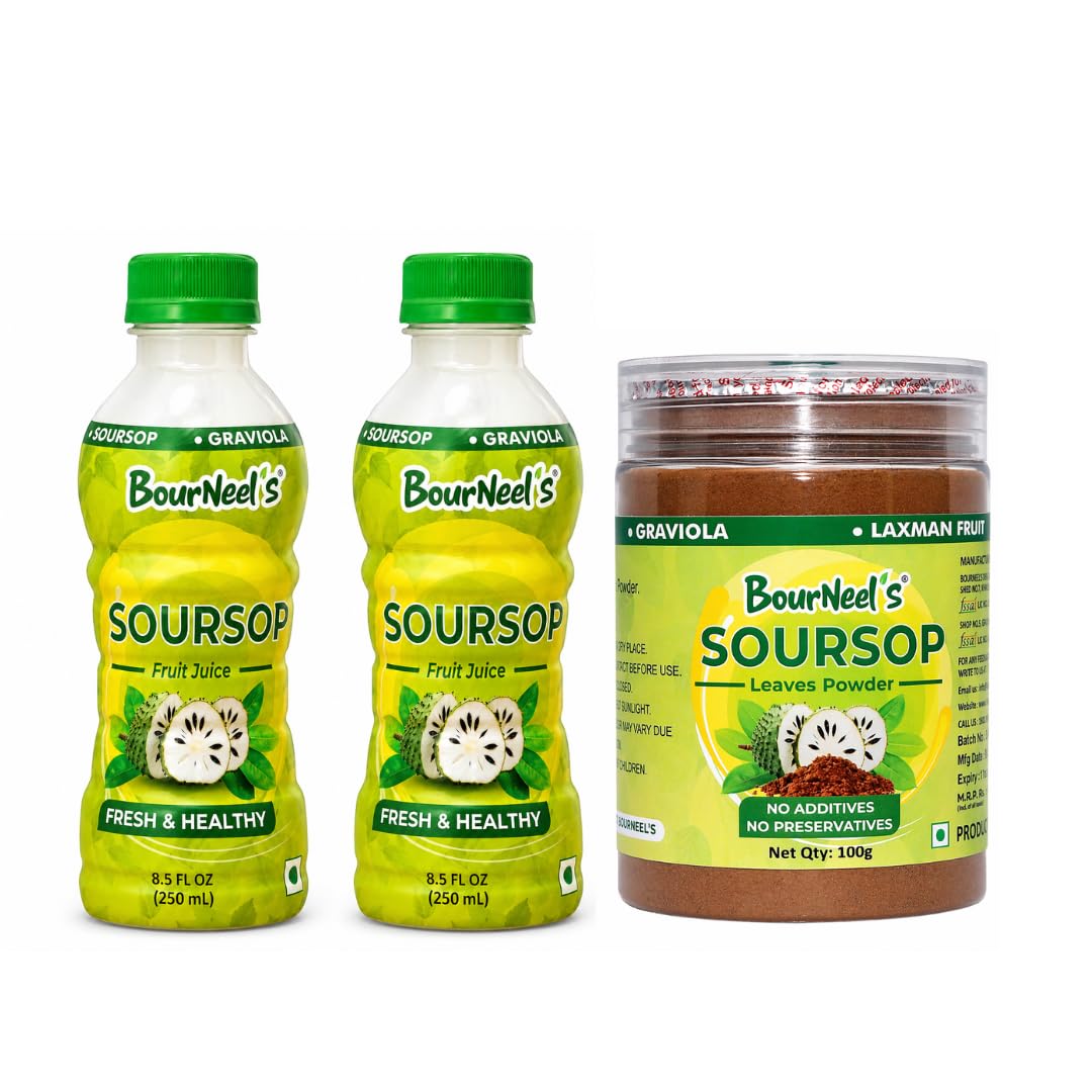 BourNeel's® Soursop Pack of 2 (2 Soursop Fruit Juice 250ml + 1 Soursop Leaves Powder 100gm) | Soursop Graviola Laxman Phal Pulpy Juice Drink |Soursop Kadha Tea | High Vitamin C |-image-45