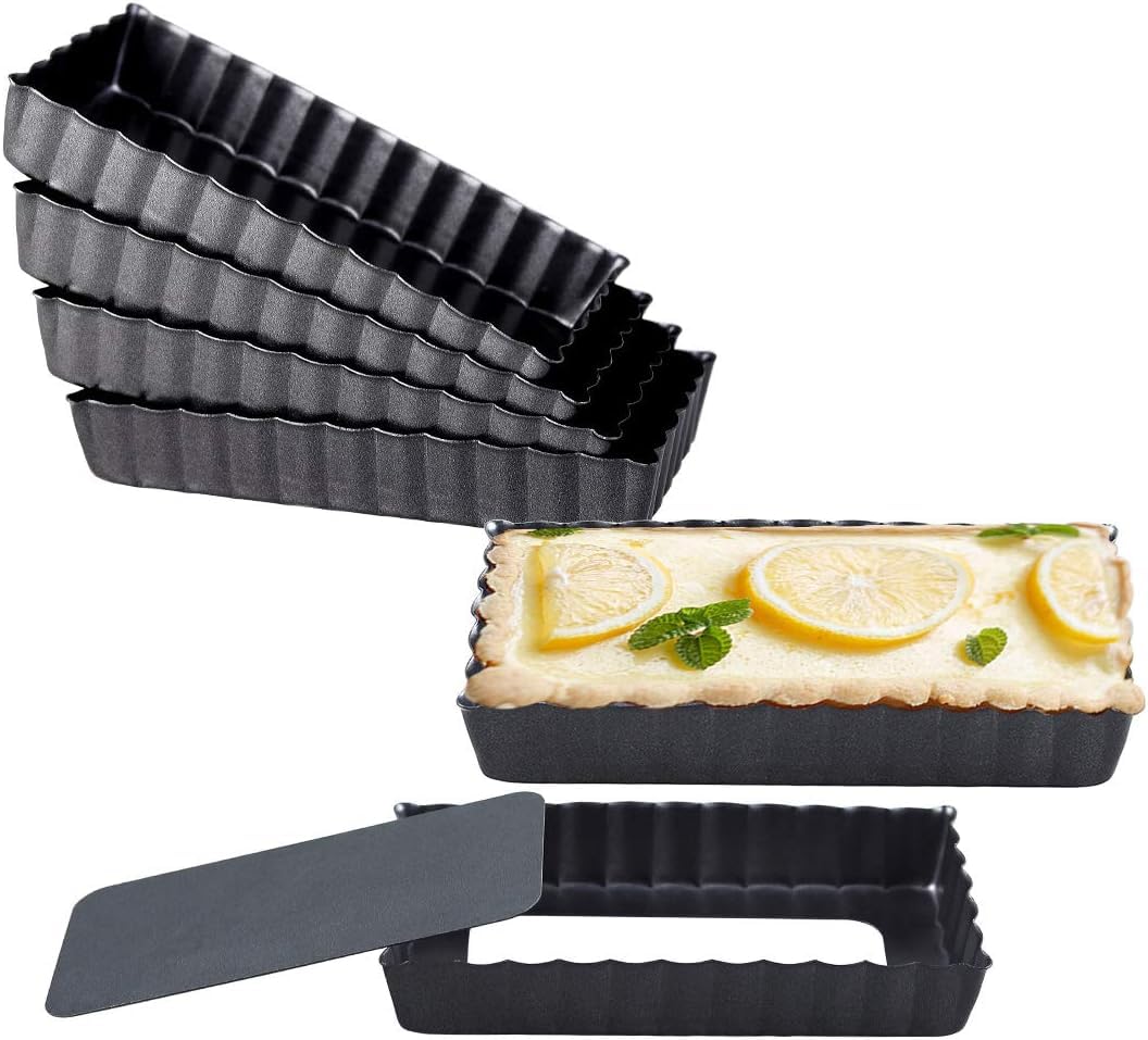 AUTOWRAP Mini Tart Pans with Removable Bottom Nonstick Quiche Pan Mini Pie Pans Mini Tart Pans Bakeware Mold Fluted Side for Pies (Black Rectangle,4.33 x 2.36 x 0.79 Inch)