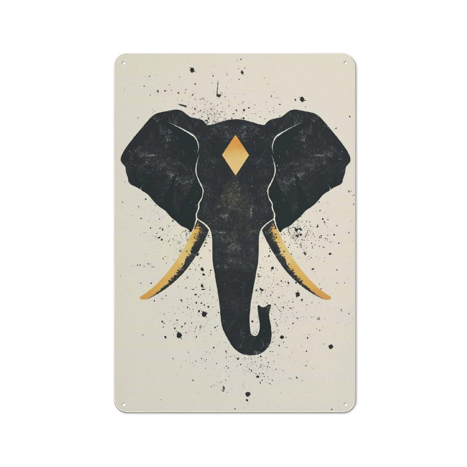 Vintage Metal Wall Art Sign 30x20cm Featuring Abstract Elephant Vector Portrait with Golden Tusks, Old Style Wall Plaque for Kitchen, Hallway, Bar Or Small Cafe