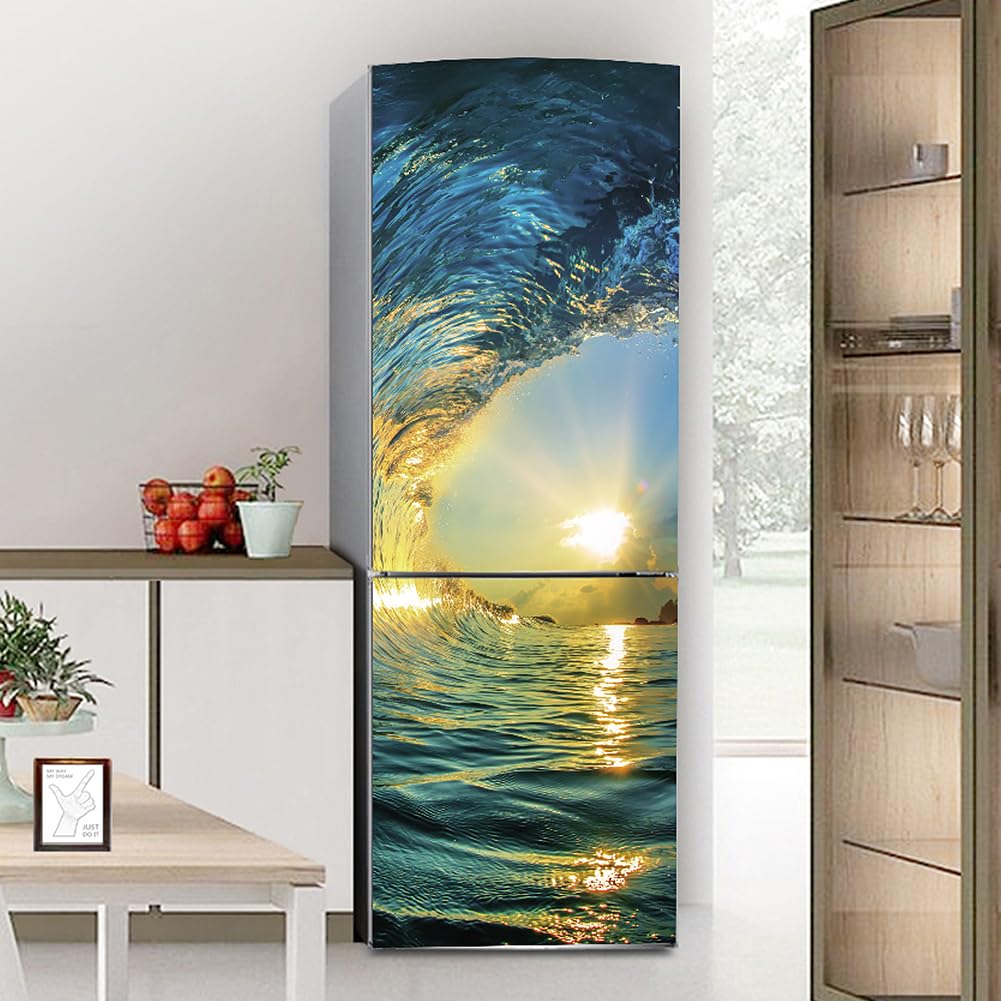 Fridge Sticker, Fridge Sticker Full Covering Door Covers Skins Wall Stickers for Kitchen Decal, Great Wave Sun Sunlight(S: 60x150 cm)