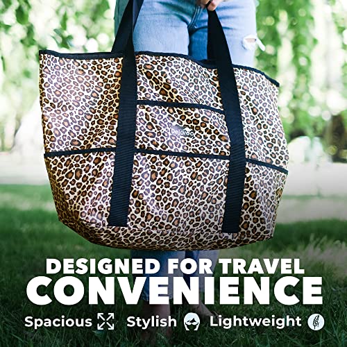 Dejaroo - Beach Bags For Women, Overnight Tote Bag With Zipper, Large Tote Bag For Snacks, Towels, And More, Water-Resistant Travel Tote Bags For Women, 16 X 8.5 X 0.25 Inches, White Leopard #TOP3