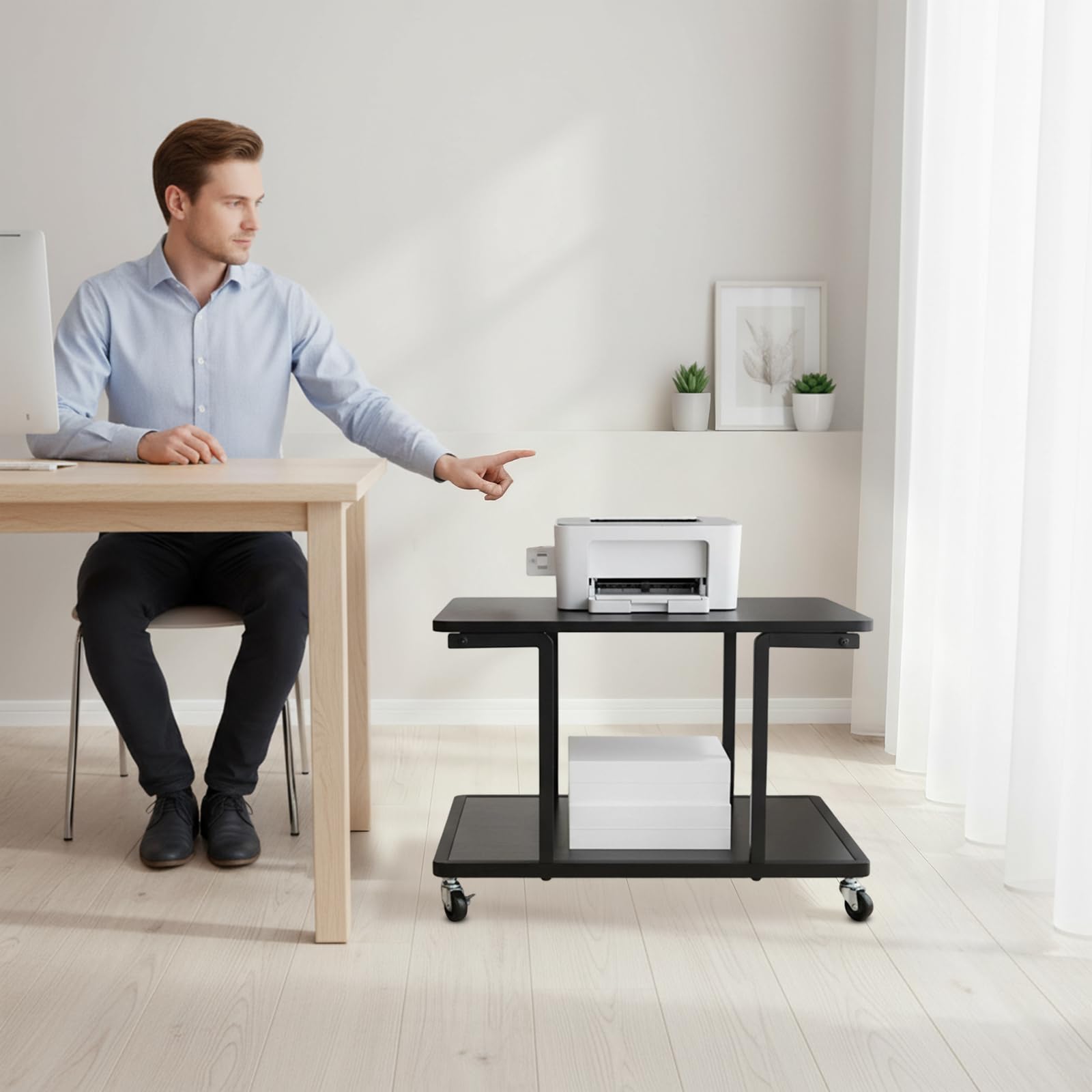 Druckertisch mit Rollen, 61 × 51 × 38 cm Druckerständer 2 Ebenen Büroregal Druckerwagen Scanner Tisch Stabil Metall für Homeoffice Küche Schwarz
