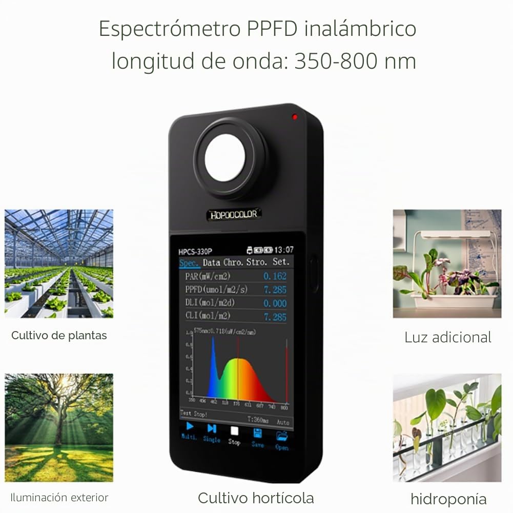 Espectrómetro PPFD PAR Meter HPCS-330P Medidor de Luz Analizador Medidor de Iluminancia 350-800 nm Conexiones Inalámbricas