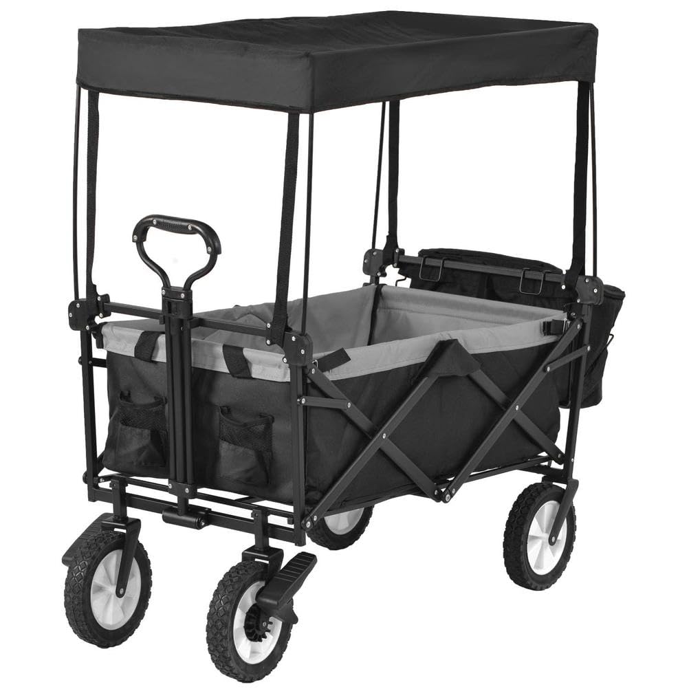 Carrello da giardino pieghevole resistente, con tettoia rimovibile, 4 ruote, portabicchieri anteriore, manico regolabile, ideale per uso esterno