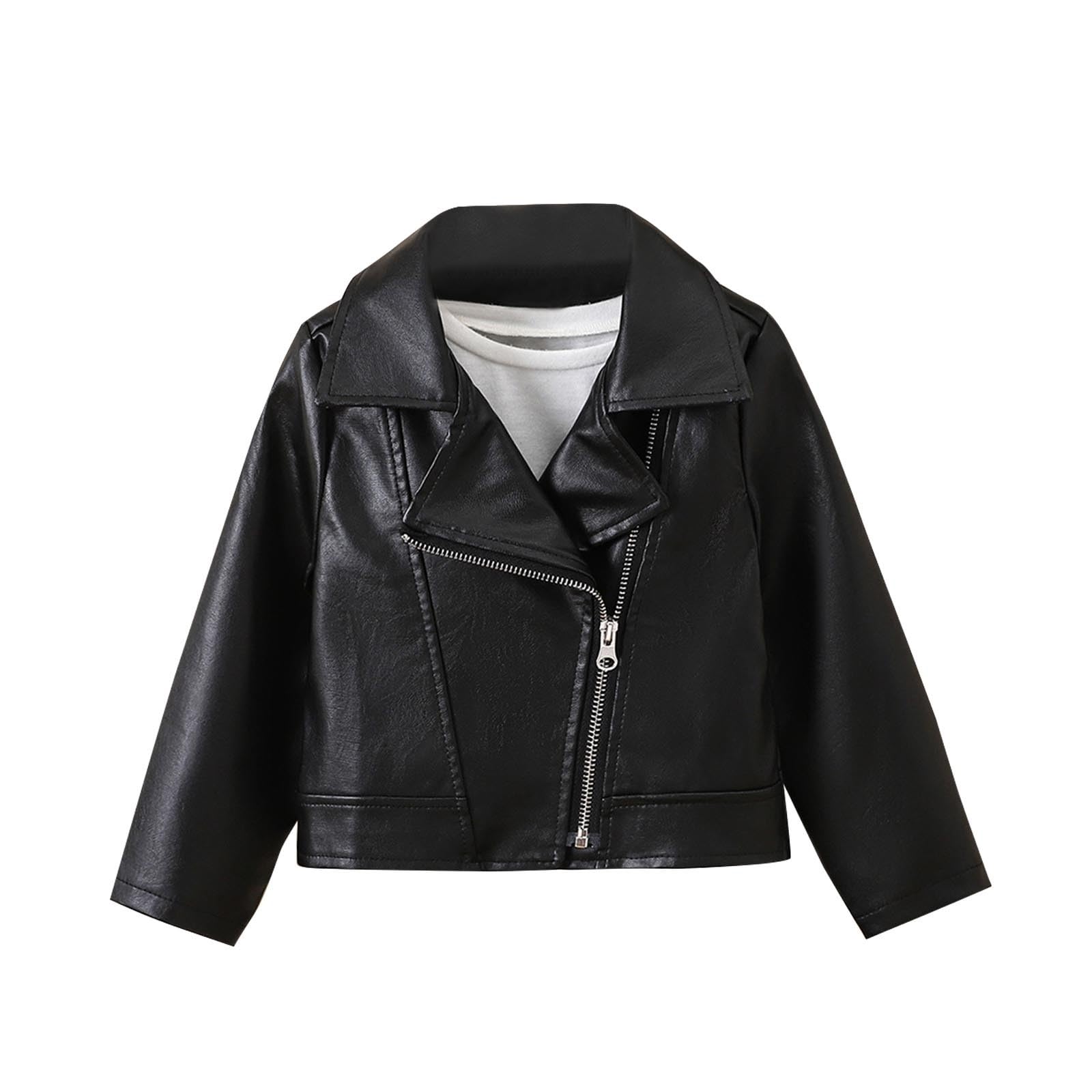 HAOLEI Chaqueta de Imitación Cuero para Niños y Niñas Cuello Solapa Abrigos Manga Larga de Piel Sintetica con Cremallera Color Sólido Cazadora Pu Tipo Bomber Moda Faux Leather Moto Jacket 2-11 Años
