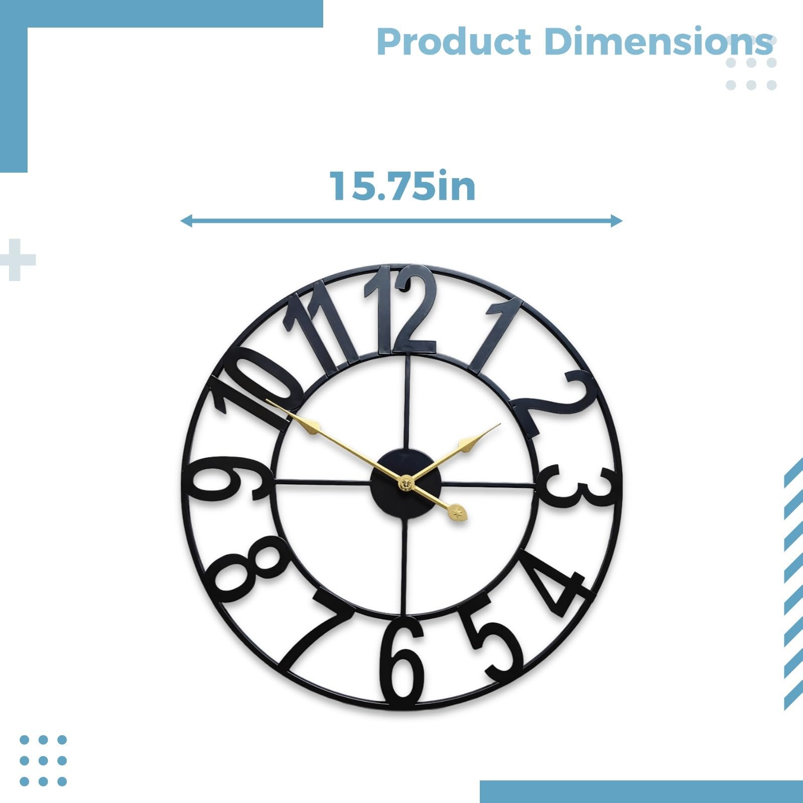 24-Inch Metal Wall Clock with Silent Quartz Movement, Black Iron Vintage Outdoor/Indoor Clock with Arabic Numerals for Patio and Home Decor