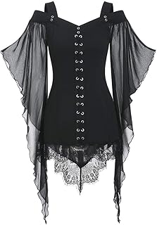 DAY8 Tunica Medievale Vintage Abbigliamento Gotico Donna Camicetta Pizzo Chiffon Donna Trasparente Senza Spalline Costume Halloween Strega Medioevo Donna a Manica Lunga