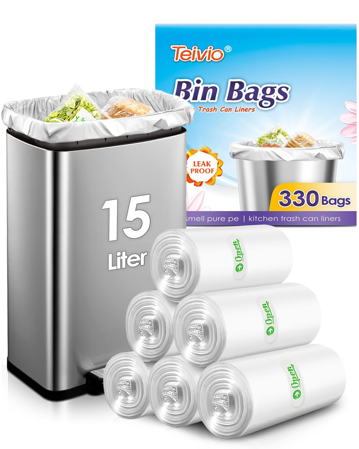 Teivio Clear 15 Liter 330 Counts Strong Pedal Bin Liners, Fit 12-15 Litre Small Rubbish Bags, Bathroom Waste Bin Liners, Plastic Trash Can Bags For Home Office Kitchen,