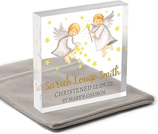 Christening Angel Gift, Personalised Christening Gifts For Girls Boys Godson Goddaughter, Gifts From Godmother Godfather Godparents, Acrylic Keepsake With Grey Bag