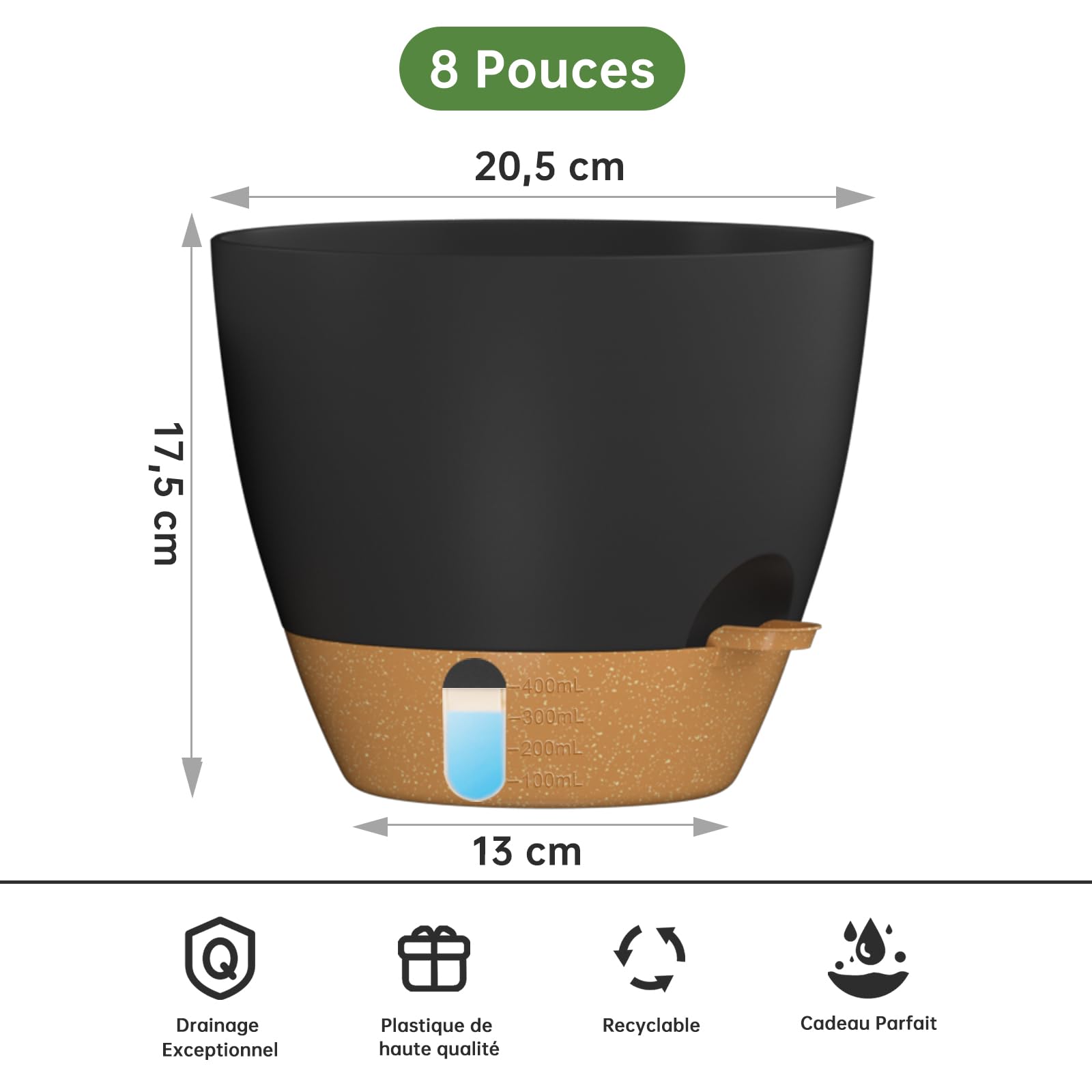 ZMTECH 20 cm Pots de Plantes avec Trous de Drainage Soucoupe Jardinières Auto-Irrigantes avec Entrée d'eau Pot de Fleurs en Plastique pour Plantes d'Intérieur et d'Extérieur (Lot de 2, Noir)