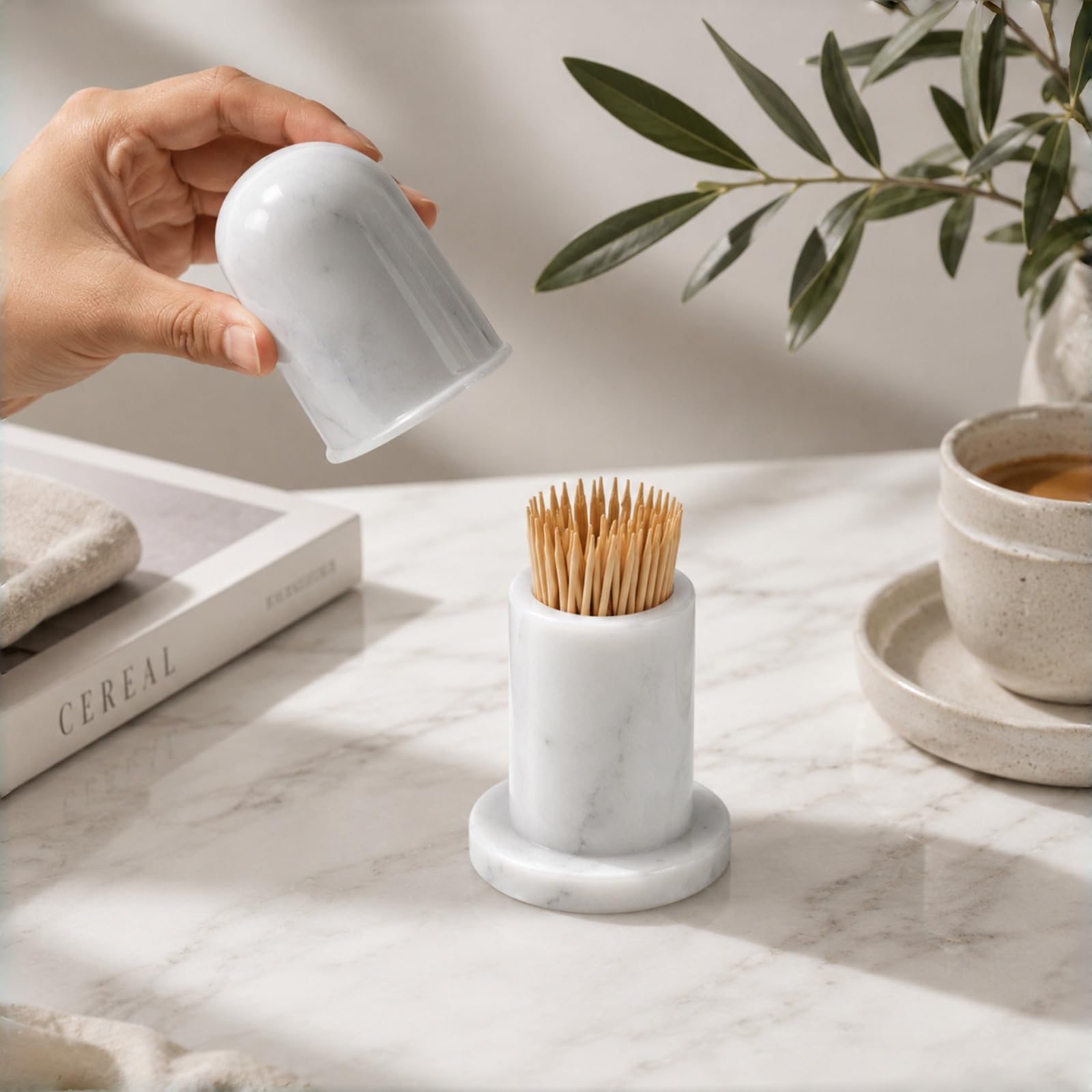Lujoso palillo de dientes de mármol blanco Carrara con tapa, elegante dispensador de palillos de dientes, funda de mármol moderna con funda para mesa de comedor o decoración del hogar, opción