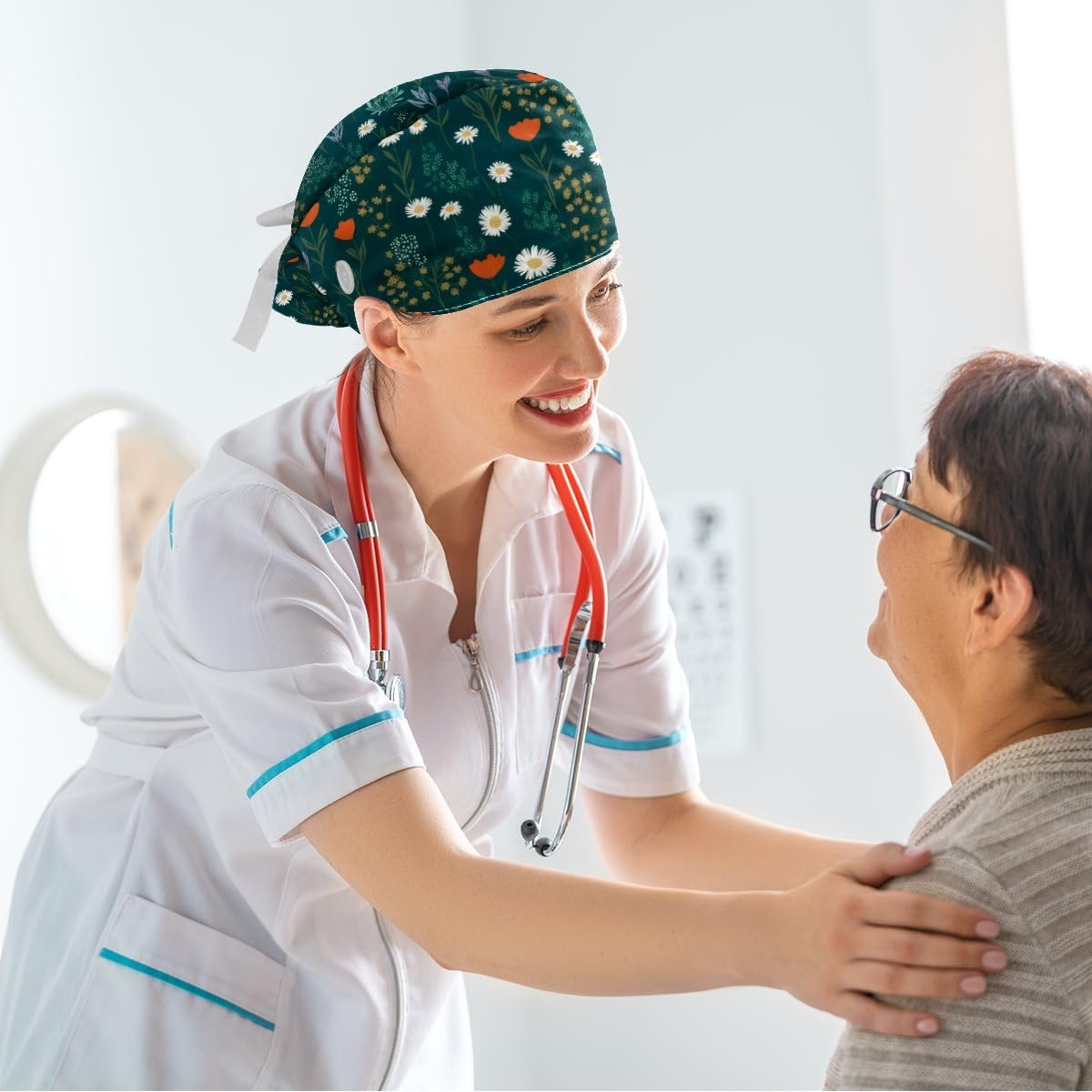 Scrub Caps Women, Surgical Caps with Buttons, Ponytail Nurse Hat, Bouffant Scrub Hats with Hair Scrunchy Adjustable, Floral Daisy Vintage Wildflower Pastorable Bohemian Summer Green - Image 5