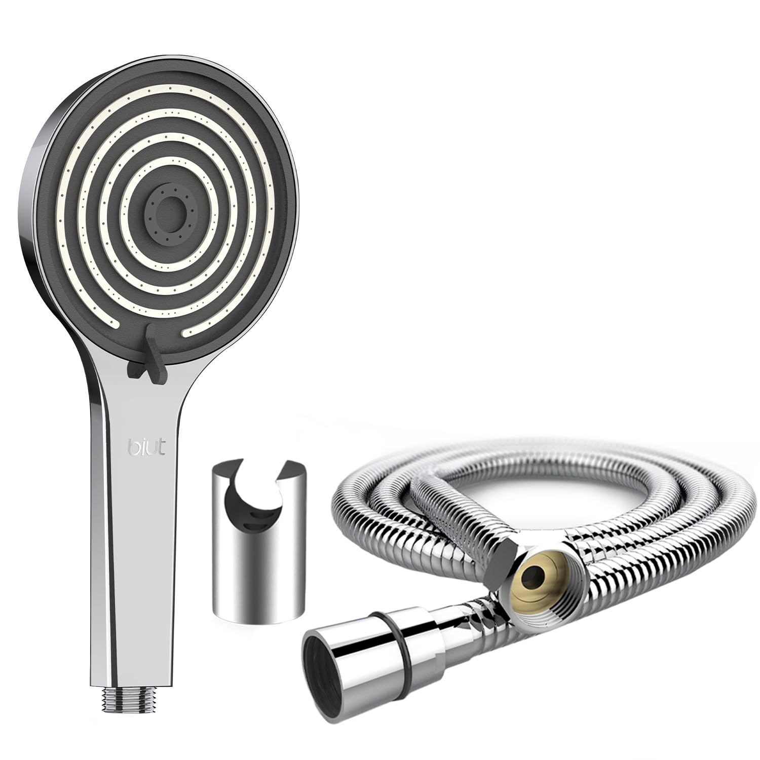 BIUT Lux Globe 3 Function Hand Shower ABS Chrome Plated Handheld Round High Pressure Water Flow Rain Massage Showerhead with 1.5 metre Flexible Tube Silicone Nozzle & Wall Hook for Bathroom (1Pc)